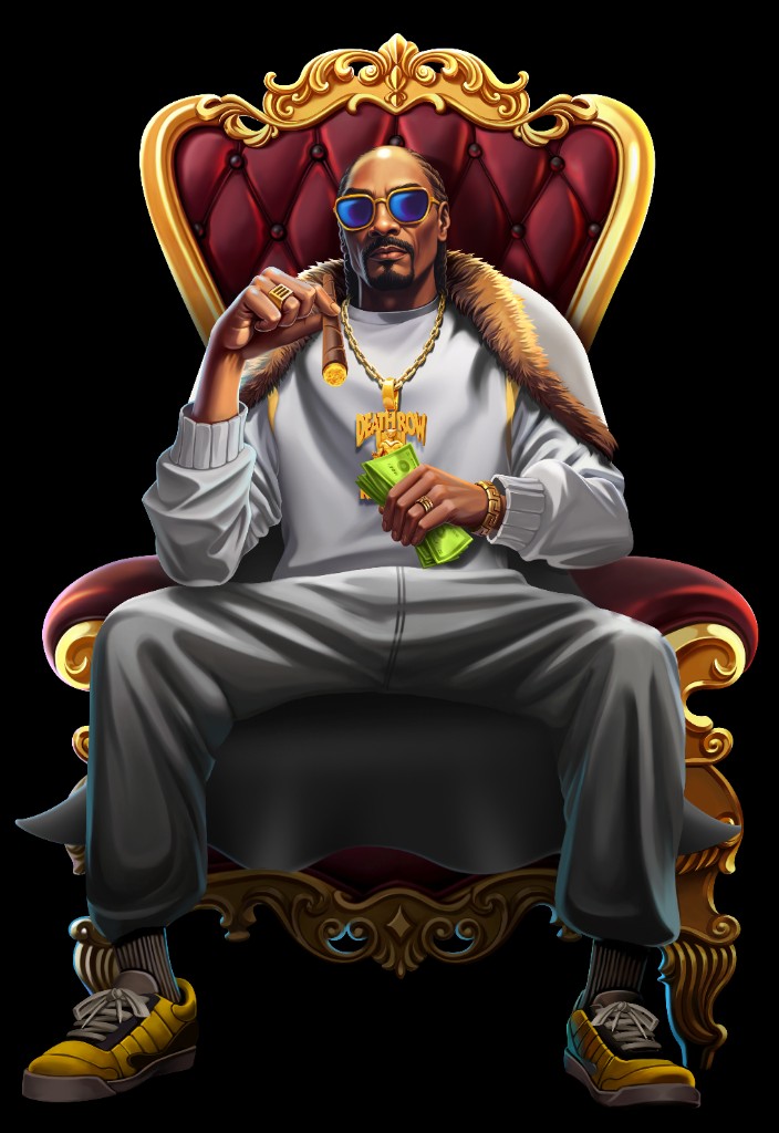 Snoop Dogg seated on a throne in Snoop Dogg Dollars slot promotional artwork