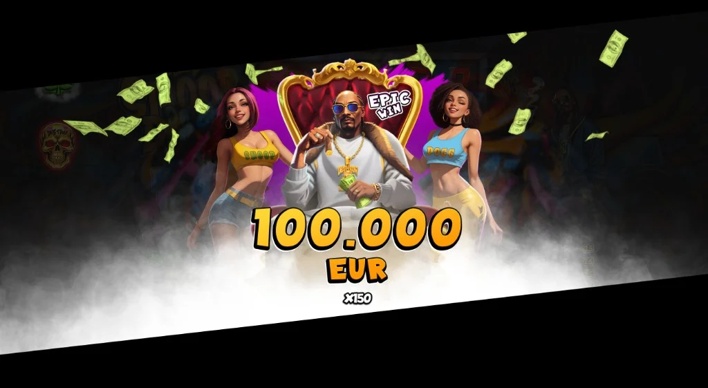 Snoop Dogg Dollars Epic Win screen showing €100,000 total win at 150× multiplier