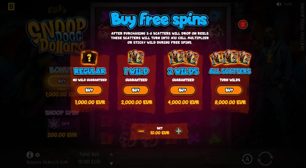 Snoop Dogg Dollars Buy Free Spins menu - four Bonus Buy tiers from Regular to All Scatters with bet-scaled pricing