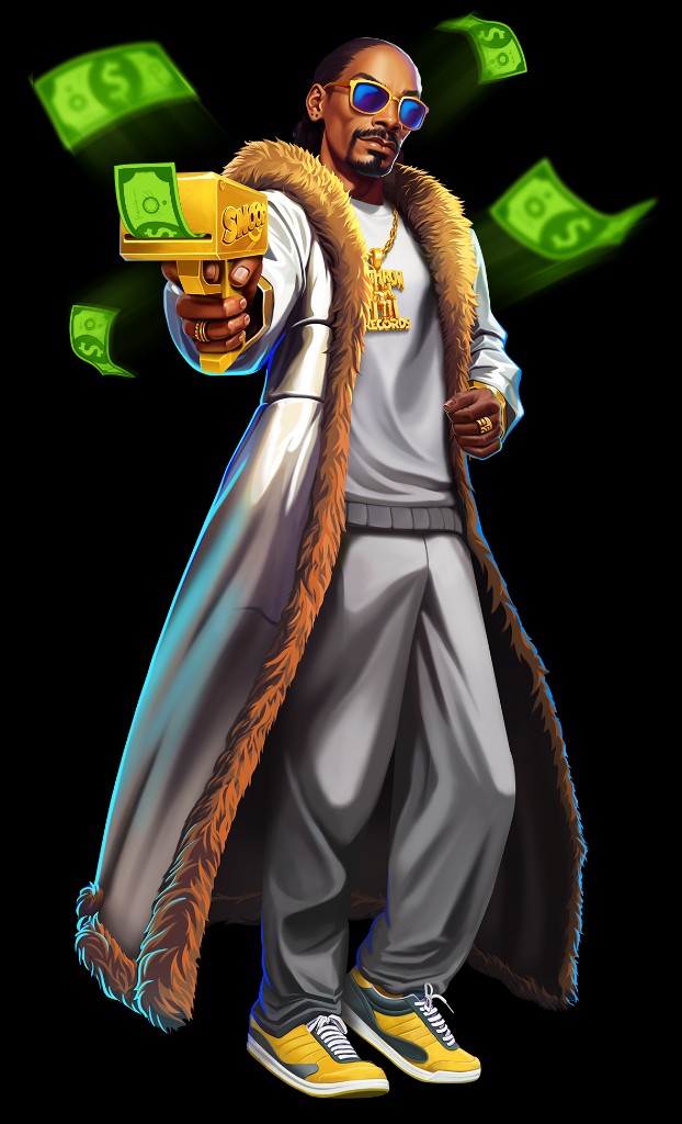 Snoop Dogg firing a money gun with dollar bills in Snoop Dogg Dollars bonus artwork