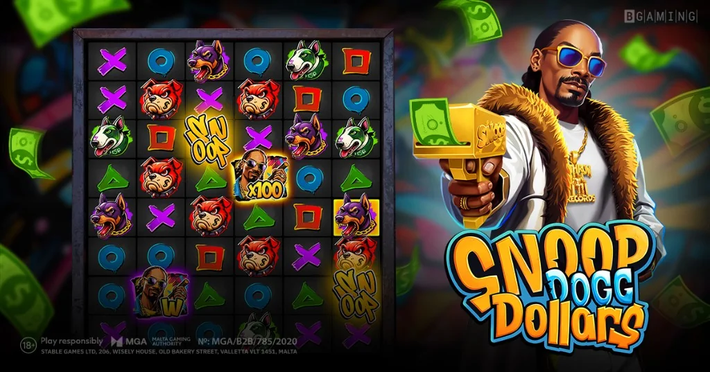 Snoop Dogg Dollars slot by BGaming - Free Spins bonus round promotional banner with Snoop Dogg, money gun and game grid showing scatter symbols, sticky wild multipliers and dog character symbols