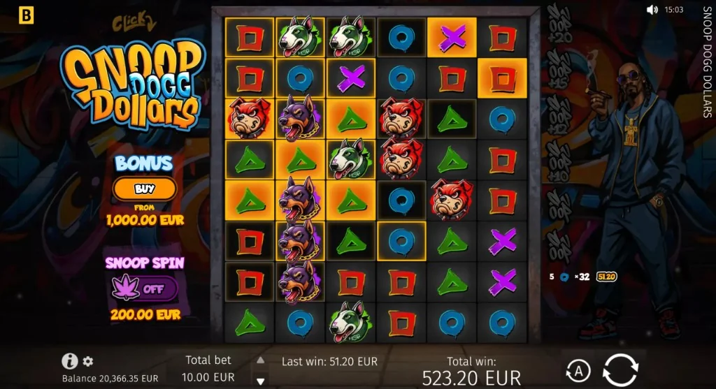 Snoop Dogg Dollars Cluster Pays win - matching symbols highlighted on the 6×8 grid during a cascade