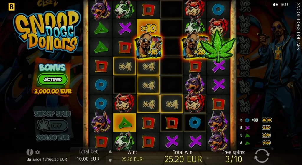 Snoop Dogg Dollars Dig-Up mechanic - Wild, Weed, and cell multiplier icons on the 6×8 grid during a cascade