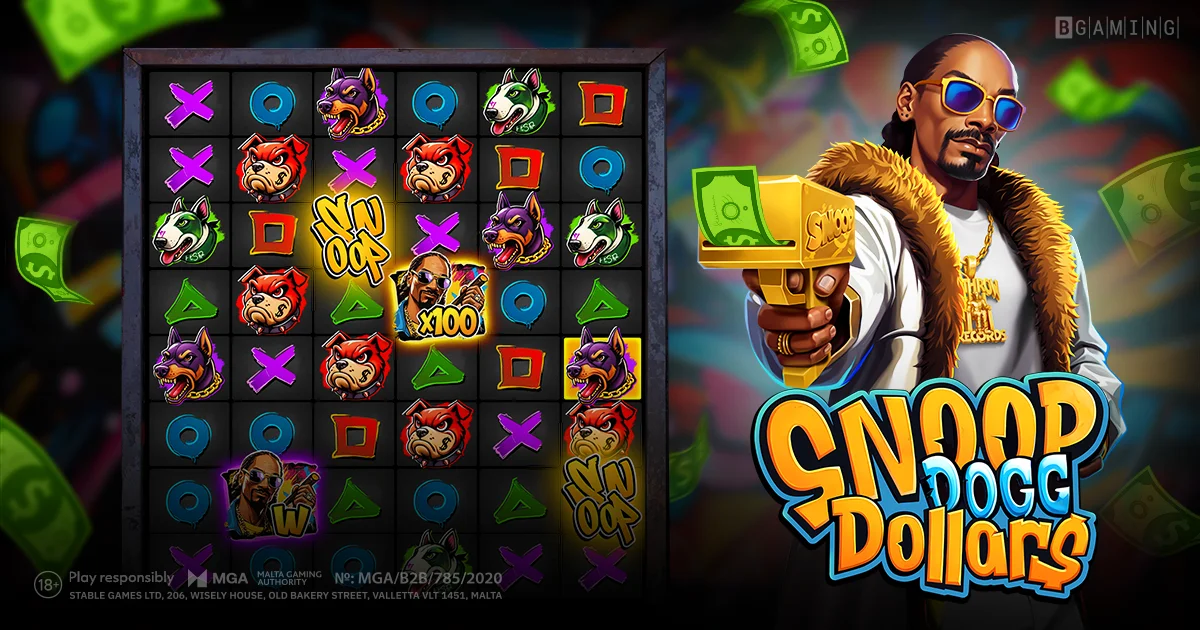 Snoop Dogg Dollars slot by BGaming - gameplay grid and Snoop Dogg promotional art