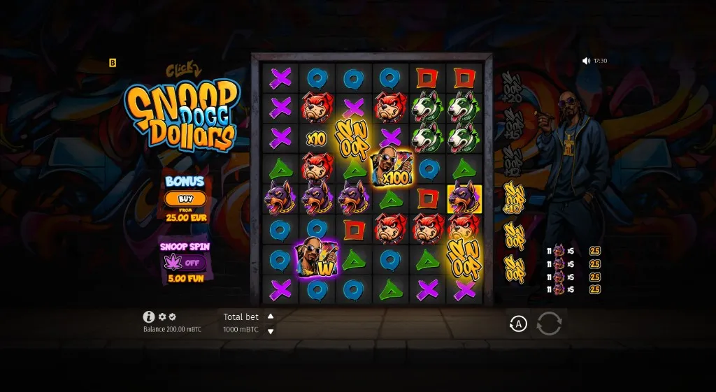 Snoop Dogg Dollars in-game paytable info button in the bottom-left control bar
