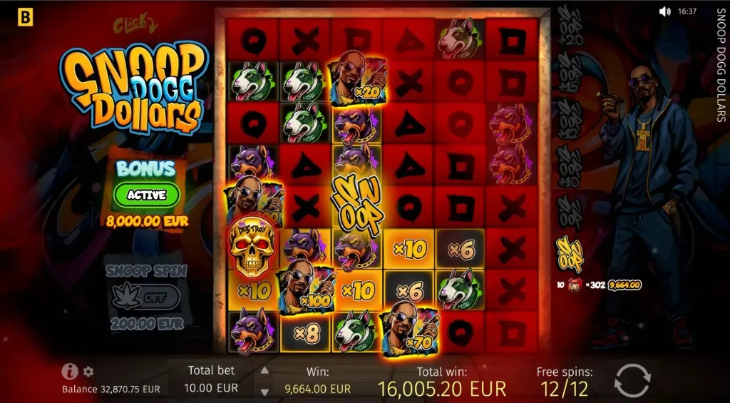 Snoop Dogg Dollars gameplay with cluster wins and cell multipliers