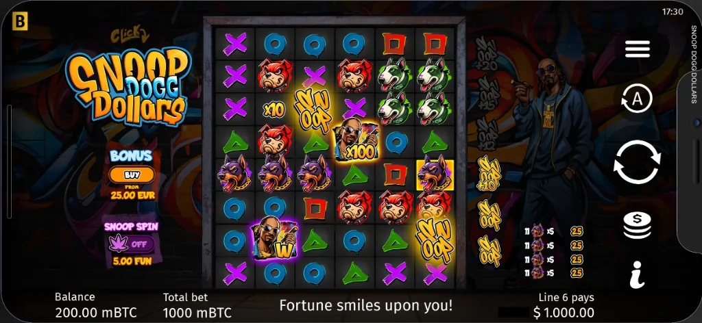 Snoop Dogg Dollars in landscape on iPhone - full 6×8 grid with Dig-Up icons and multiplier badges visible