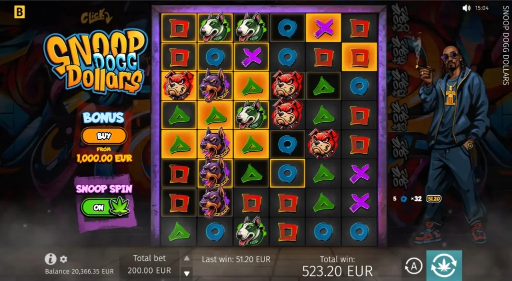 Snoop Dogg Dollars gameplay showing balance, bet, and win meters on the 6×8 cluster grid